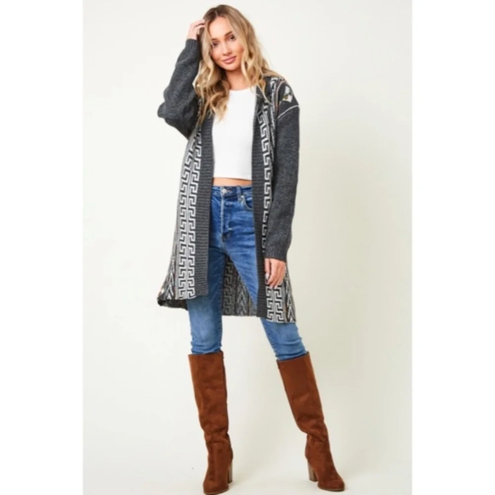 SOLD OUT Gray Native Cowichan Aztec Hooded Cardigan Sweater - Picture 8 of 10